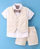 Little Kangaroos Half Sleeves Shirts & Shorts Set with Striped Waistcoat & Bow - Beige