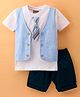 Little Kangaroos Half Sleeves T-Shirt & Shorts Set With Tie - Sky Blue