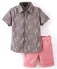 Knotty Kids Half Sleeves All Over Flamingos Printed Shirt With Shorts - Grey & Pink