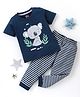 Babyhug Cotton Knit Half Sleeves Night Suit  Koala Print With Stripes -  Navy Blue