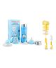 Chinmay Kids Combo of Baby Feeding Multifunctional Stainless Steel Milk Thermosteel Feeder Bottle with Multipurpose Baby Milk Bottle Brush Cleaner Blue Bottle Yellow Brush - 240ml