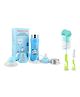 Chinmay Kids Combo of Baby Feeding Multifunctional Stainless Steel Milk Thermosteel Feeder Bottle with Multipurpose Baby Milk Bottle Brush Cleaner Blue Bottle Light Green Brush - 240ml