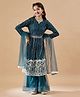 Cherry & Jerry Three Fourth Sleeves Embroidered Sequin Embellished Kurta & Sharara With Dupatta - Teal Blue