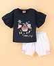 Little Kangaroos 100% Cotton Flutter Sleeves Summer Printed Top & Shorts Set with Bow Applique - Navy & White