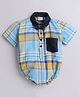 Polka Tots Half Sleeve All Over Plaid Tartan Checked & Bow Attached Shirt Onesie With Pocket Detail - Blue