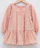 LC Waikiki Puffed Full Sleeves Striped Patterned & Flower Embroidered Drop Waist Dress - Pink