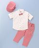 Babyhug Full Sleeves Musical Notes Printed Stretch Fit Party Shirt & Trousers with Cap & Bow - Peach & White
