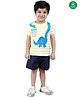 Nino Bambino 100% Cotton Half Sleeves Dinosaur Printed Striped Tee With Solid Shorts - Blue & White