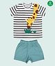 Nino Bambino 100% Cotton Half Sleeves Giraffe Printed Striped Tee With Solid Shorts - Blue & White