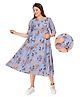 Mamma's Maternity Three Fourth Sleeves Floral Botanical Printed Maternity Dress  - Blue