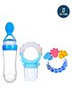 Tiny Tycoonz Combo of Silicone Squeezy Food Feeder Bottle With Spoon Rattle Teether and Silicone Rattle Fruit And Food Nibbler - Multicolor