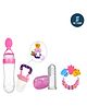 Tiny Tycoonz Combo of Silicone Squeezy Food Feeder Bottle With Spoon, Rattle Teether, Soft Silicone Finger Toothbrush and Silicone Rattle Fruit And Food Nibbler