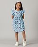 Kiddopanti Frill Sleeves Honey Bee Printed Dress - Aqua Blue