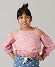 Kiddopanti Cold Shoulder Three Fourth Seamless Daisy Flower Printed Smocked Waist Detailed Top -  Pink