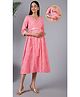 Zelena Three Fourth Sleeves Checkered & Embroidered Lace Embellished Fit & Flare Maternity Dress With Vertical Concealed Zipper Nursing Access - Pink