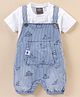 Little Kangaroos 100% Cotton Half Sleeves  T-Shirt Jaquard Strip Dungarees Set Ship Print - Blue & White
