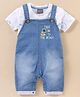 Little Kangaroos Cotton Half Sleeves Tee & Denim Dungaree Set With Embroidery & Text Print- Blue & White