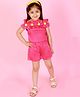 Lil' Drama Off Shoulder Short Sleeves Flower Applique Embellished Ruffled Top With Solid Shorts - Pink