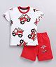 Little Marine Half Sleeves All Over Fire Truck Printed Tee With With Future Firefighter Printed  Shorts - White & Red
