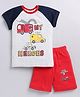 Little Marine Raglan Half Sleeves Fire Truck With Ambulance & Police Van Printed Tee With Shorts - Grey & Red