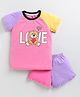 Little Marine Raglan Half Sleeves Hey Teddy Printed Colour Blocked Tee With Frill Detailed Shorts - Pink