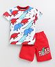 Little Marine Half Sleeves All Over Dinosaurs Printed Tee With Hear Me Roar Printed Shorts - White & Red