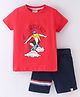 Lazy Bones Sinker Knit Half Sleeves T-Shirt & Shorts Skates Print - Red & Navy Blue