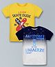 Plum Tree Pack Of 2 Half Sleeve Skateboard Printed & Awesome Text Patch Embroidered Ombre Effect Tees - White & Yellow