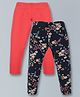 Plum Tree Pack Of 2 Solid & Floral Printed Leggings - Coral Pink Navy Blue