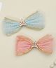Yellow Bee Pack Of 2 Shimmery Fabric Crown Embellished Bow Designed Aligator Hair Clips - Peach and 3Blue