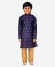 P-MARK Full Sleeves Block Motif Printed Silk Kurta Pajama Set  - Navy Blue