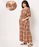 Aujjessa Three Fourth Batwing Sleeves Seamless Floral Motif Blocks Printed Maternity Front Zipper Feeding Kaftan Dress - Rust Orange