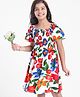 Hola Bonita Rayon Woven Flutter Sleeves Knee length Frock in Floral Print - White & Red