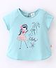 OLLYPOP Cotton Knit Half Sleeves Doll Printed Top - Blue