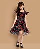 Little Marine Cap Sleeves Floral Printed Over Lap Dress - Black