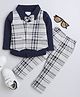 BUMZEE Full Sleeves Solid Shirt With Checkered Waistcoat & Coordinating Pant - Navy Blue