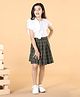 Piccolo Half Sleeves Solid Ruffled Top With Checkered & Pleated Skirt - White & Green