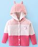 Babyhug Knitted Full Sleeves Front Open Hooded Sweater with Striped Design - Pink & White