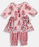 READIPRINT Three Fourth Sleeves Flower Motif Printed Frock Style Kurta With Coordinating Gota Lace Embellished Striped Pattern Floral Swirl Printed Salwar - Peach