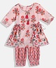 READIPRINT Three Fourth Sleeves Flower Motif Printed Frock Style Kurta With Coordinating Gota Lace Embellished Striped Pattern Floral Swirl Printed Salwar - Peach