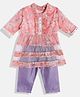 READIPRINT Three Fourth Sleeves Seamless Floral Swirl Printed Frock Style Kurta With Coordinating Lurex Striped Salwar - Pink