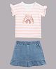 Guess Half Sleeves Typography Sequinned Embellished Striped Top With Skirt - White And Pink