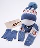 Babyhug Pom Pom Woollen Cap Gloves and Muffler Set Reindeer Design Small Size - Blue