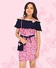 Cutecumber Cold Shoulder Half Sleeves Floral Printed Dress With Sling Bag - Pink