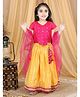 Kinder Kids Short Sleeves Motif Embroidered & Gota Lace Embellished Choli With Lurex Striped Lehenga & Dupatta - Pink & Yellow