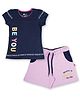 3PIN Short Sleeves Be You Printed Top With Girl Power Printed Shorts - Navy Blue & Pink