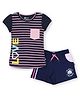 3PIN Short Sleeves Love Text Printed & Striped Top With Seashell & Mermaid Printed Shorts - Navy Blue & Pink