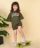 Lilpicks Couture Half Sleeves Flower & Kindness Text Printed Oversized Tee With Shorts - Green