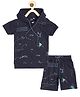 CAVIO Half Sleeves Geometric Graphs Printed Hooded Co Ord Set - Navy Blue