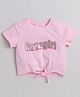 Taffykids 100% Cotton Half Sleeves Cute Girl Glitter Printed Front Tie Up Crop Tee - Pink